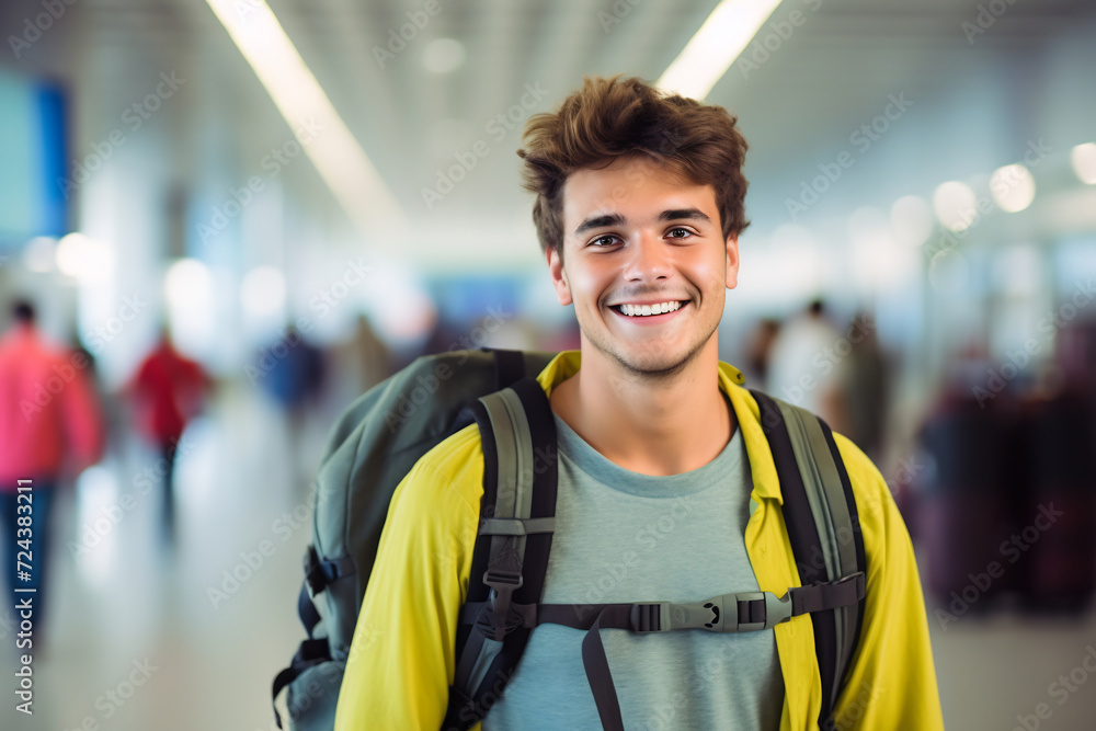 Fototapeta premium Happy Young Male Traveler with Backpack at Airport Terminal. Adventure and Travel Concept