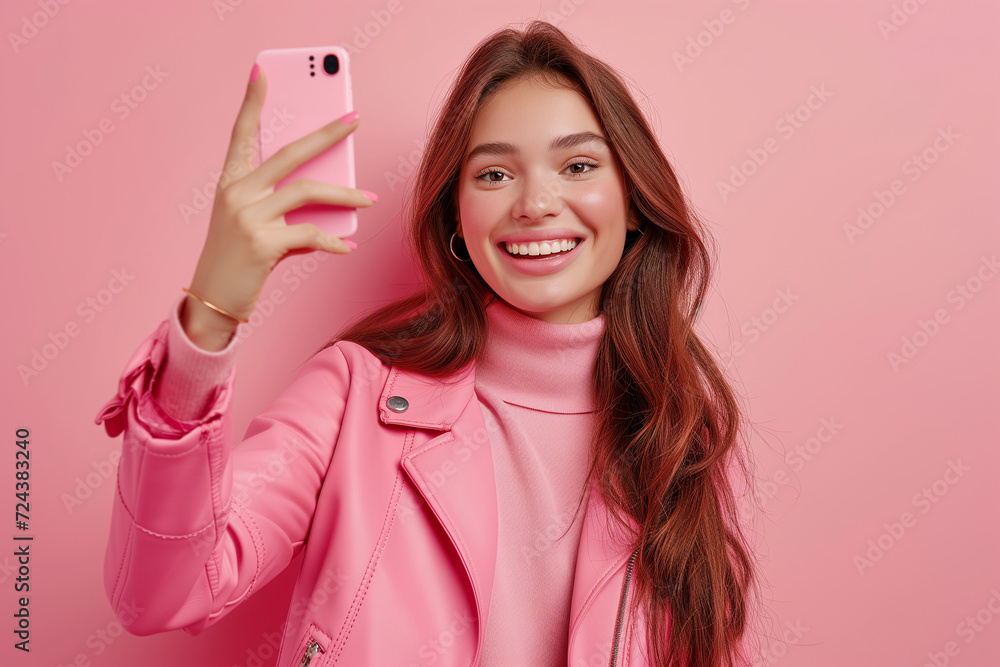 Pretty happy woman in pink jacket and turtleneck isolated on pink background, takes selfie on mobile phone camera app Pretty happy woman in pink jacket and turtleneck isolated on pink background, takes selfie on mobile phone camera app