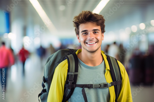 Happy Young Male Traveler with Backpack at Airport Terminal. Adventure and Travel Concept