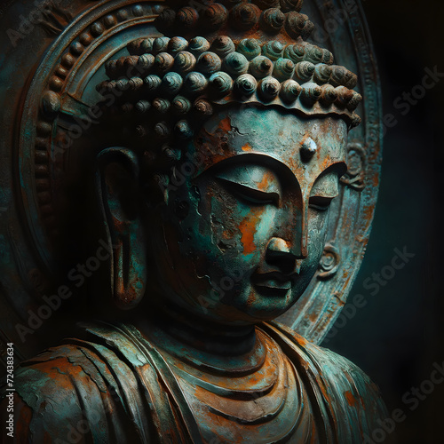 a 'Metal Buddha' rusty sculpture in the attitude of Nirvana. The sculpture emphasizes weathered textures and verdigris patina