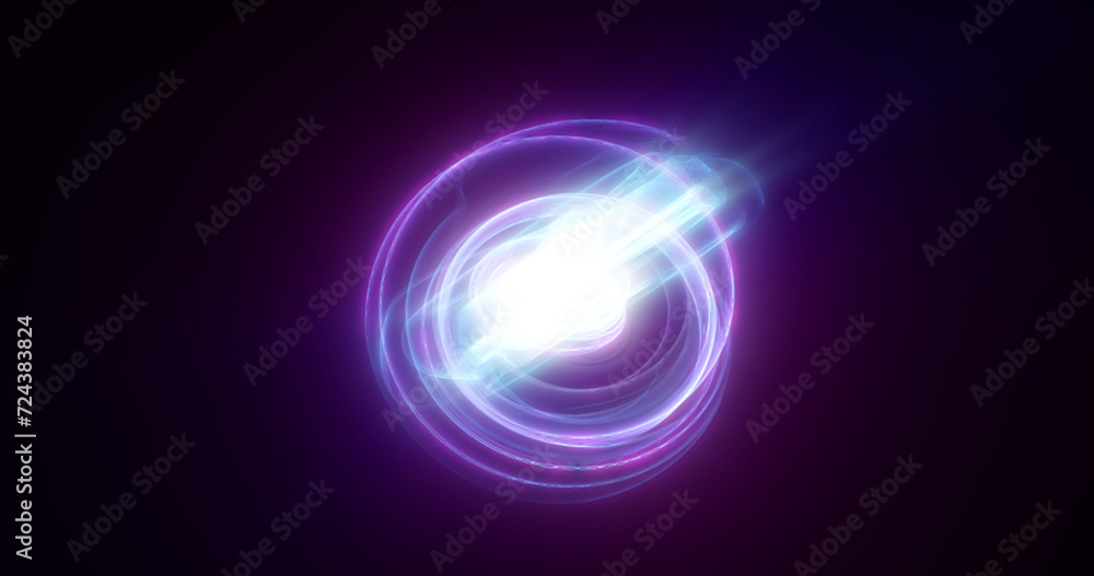 Abstract purple rings spheres from energy magic waves of smoke circles and glowing lines on a black background