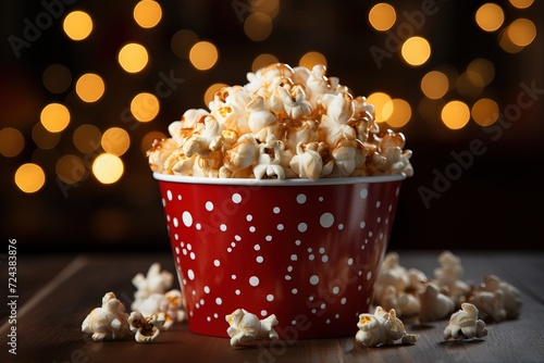 Close up on a red and white striped popcorn cup with lots of popcorn in a movie theater with red Generative AI