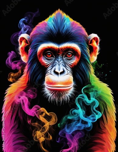 Minimalist neon line logo head of monkey with smoke effects