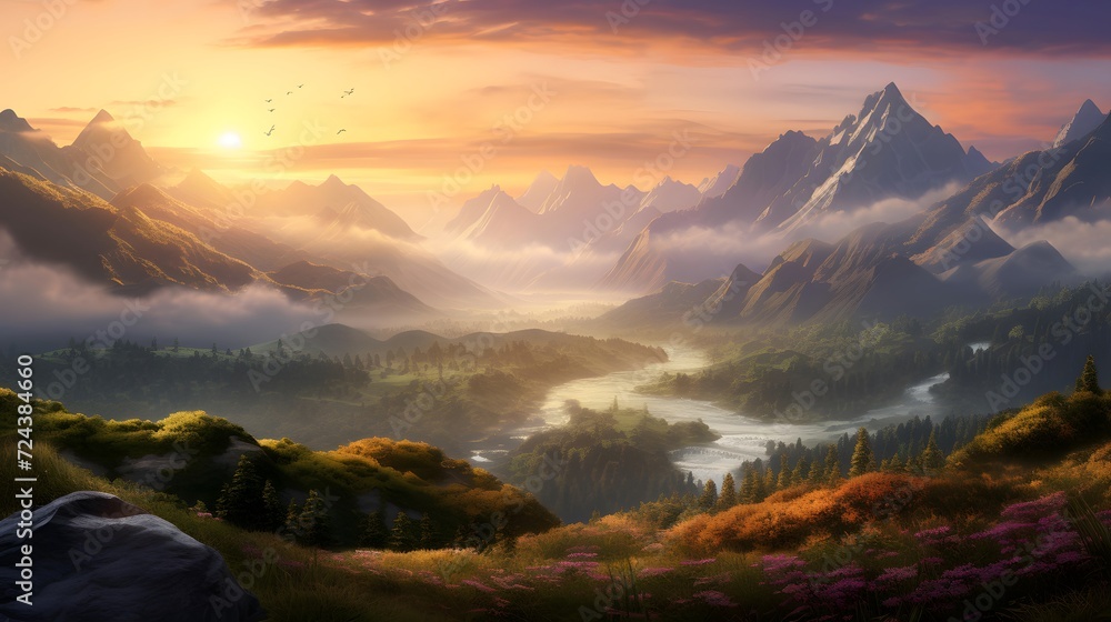 Panoramic view of alpine valley covered with fog at sunrise