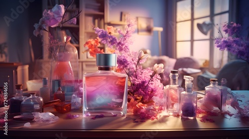 Perfume bottles and flowers on a wooden table. 3d rendering