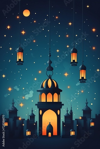 Mystical Night Scene with Ornate Building and Lanterns, Generative AI.