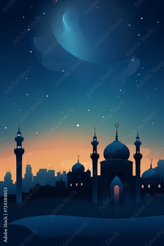 Mystical Night Scene with Mosque Silhouette and Crescent Moons, Generative AI.