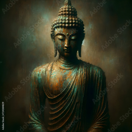 a 'Metal Buddha' rusty sculpture in a standing posture. The sculpture emphasizes weathered textures and verdigris patina, conveying a mood of nostalgia and timeless elegance