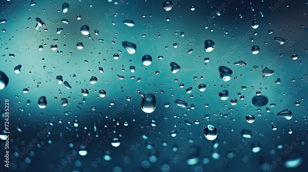 Macro Dew Drop on Window s in Blue, Closeup Rain Wallpaper, Color Water Droplets Backdrop, Wet Texture Background, Liquid Beading on Glass