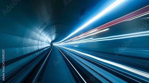 Slow pan of a car zooming past the camera in a tunnel leaving behind a trail of light that lingers for a few seconds before fading away. The contrast between the fleeting photo