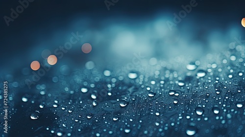 Macro Dew Drop on Window s in Blue, Closeup Rain Wallpaper, Color Water Droplets Backdrop, Wet Texture Background, Liquid Beading on Glass photo