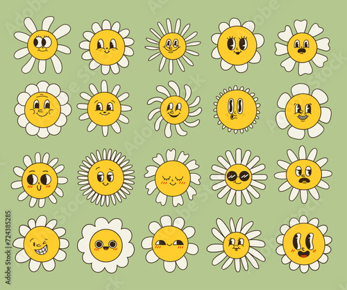 Collection of magnificent chamomile flowers. Retro daisy smiles in cartoon style. Set of happy 70s stickers. Vector graphic illustration in hippe style.
