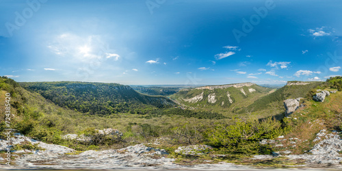 Wide panoramic view on mountain landscape with lush green hills under clear blue sky  tranquil natural beauty  perfect for outdoor enthusiasts. Seamless 360 degree spherical equirectangular panorama.