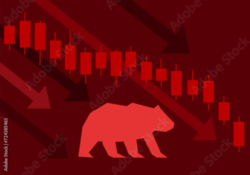 Bear market concept with stock chart crisis red price drop arrow down chart fall. Stock market bear finance risk trend investment business and money losing economic with glowing dots graph.