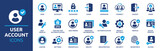 User account icon set. Containing profile, password, login, username, avatar, connect, add friend and more. Solid vector icons collection.