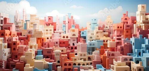 Top view of toy building blocks creating a cityscape on a soft coral backdrop, ready for your urban-inspired text