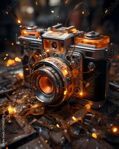 Retro film camera with led garland. 3d illustration.