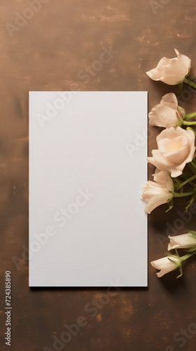 A Serene Greeting Card with Elegant White Roses and Rustic Brown Background, Generative AI