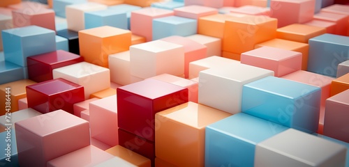 Top-down perspective of a mix of colorful building blocks forming an abstract pattern, with open space for text on a pastel orange surface