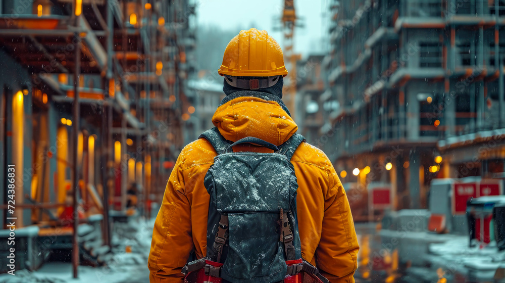 Back view of a construction worker in a hard hat and reflective jacket standing on the background of a building under construction