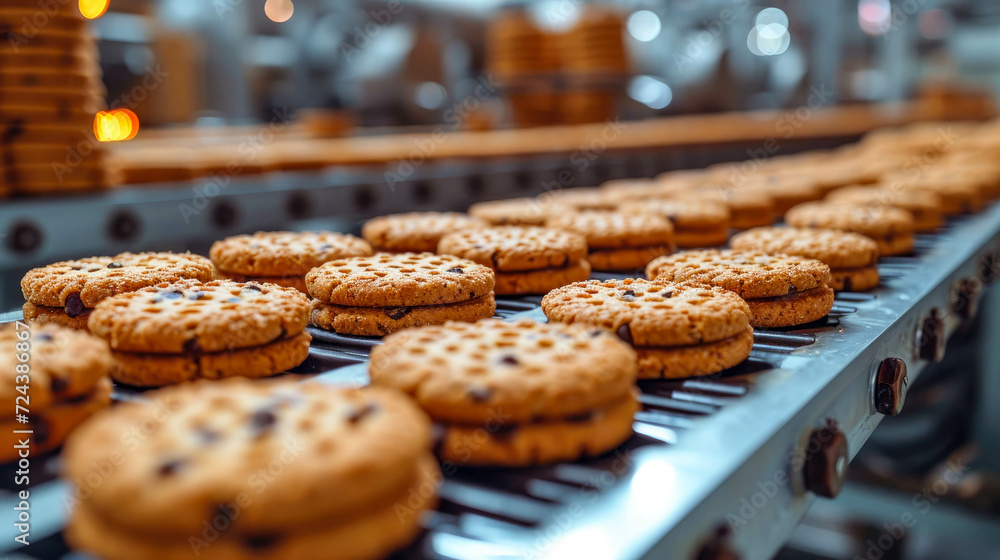 Chocolate chip cookies on a conveyor belt in a bakery factory Chocolate chip cookies on a conveyor belt in a bakery factory