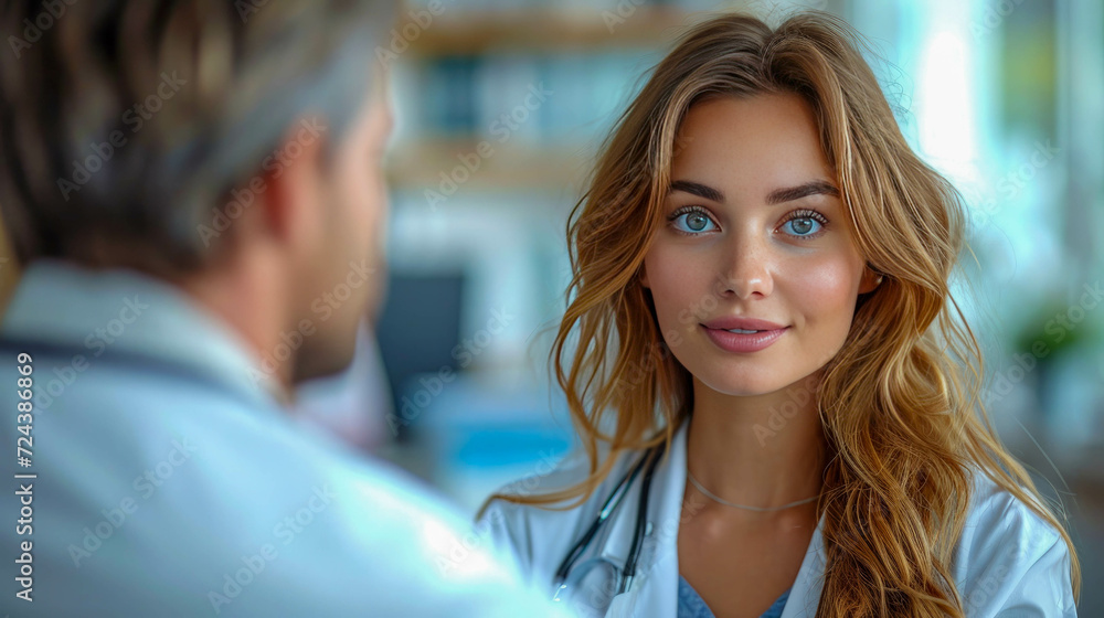 Doctor and patient discussing something while sitting at the table. Medicine and health care concept. Doctor and patient Doctor and patient discussing something while sitting at the table. Medicine and health care concept. Doctor and patient
