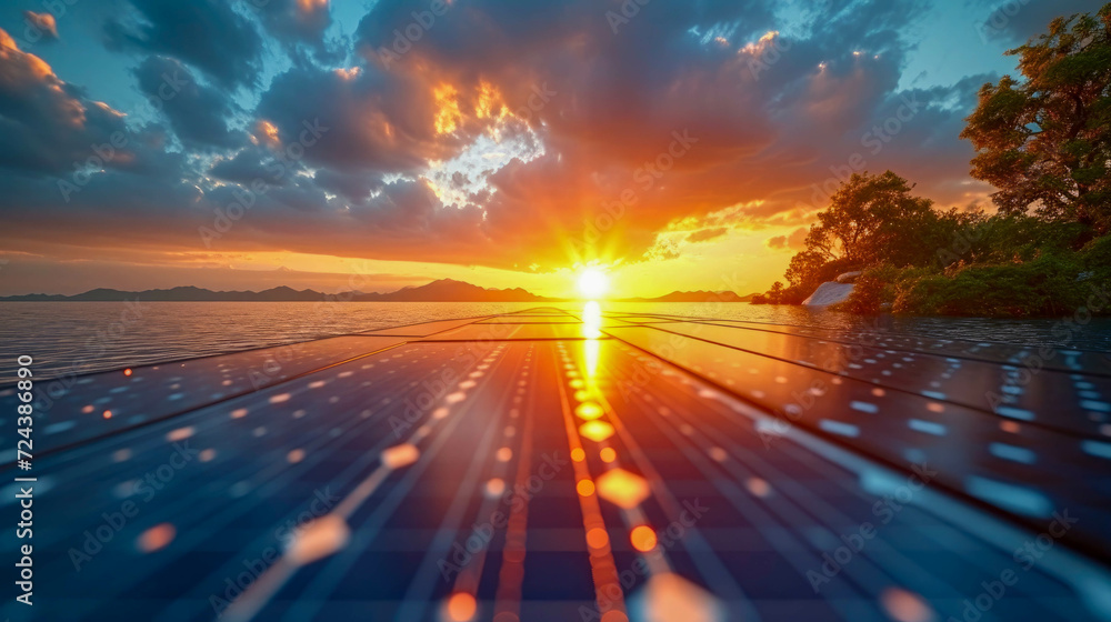 Solar panels with beautiful sunset in the sea