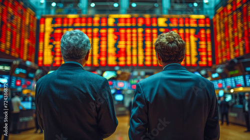 Stock exchange trading. Rear view of two businessmen looking at the stock exchange