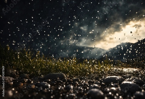 heavy rain, large drops, dark sky with thunderclouds and earth with grass and rocks