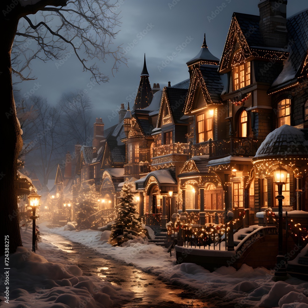 Winter night in a small village. Beautiful houses in the snow.