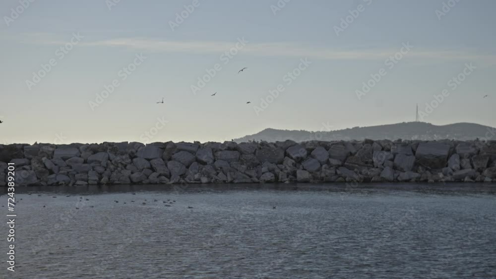 Birds and breakwater, forming millions of spray. Far in the background in the haze Birds and breakwater, forming millions of spray. Far in the background in the haze
