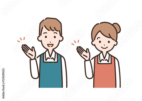 案内をするエプロン姿の男女のイラスト＿上半身