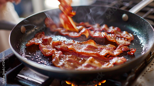 Bacon strips cooking in a hot pan