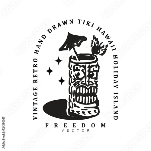 Vintage retro hand drawn Tiki wooden glass logo design vector