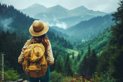 Woman traveler with backpack and hat  looking at amazing mountains and forest.