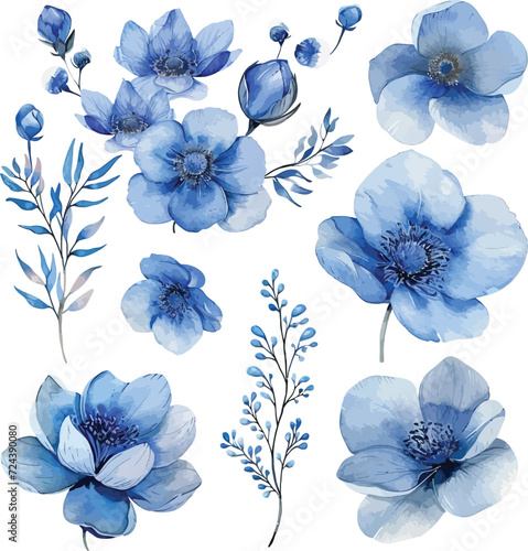 Blue watercolor flowers set. Hand-painted abstract botanical illustrations bundle. Isolated on white flowers for wedding stationery, card printing, banners