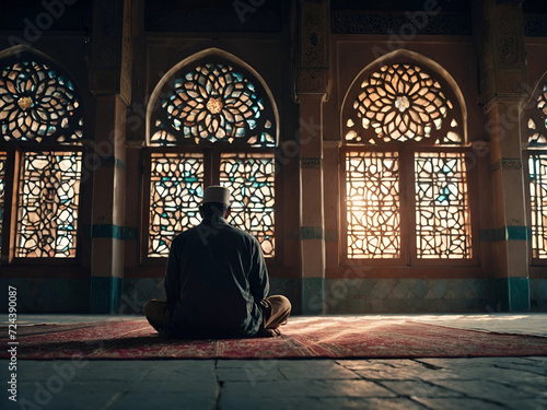 a backview of muslim man praying in a mosque. Generative AI