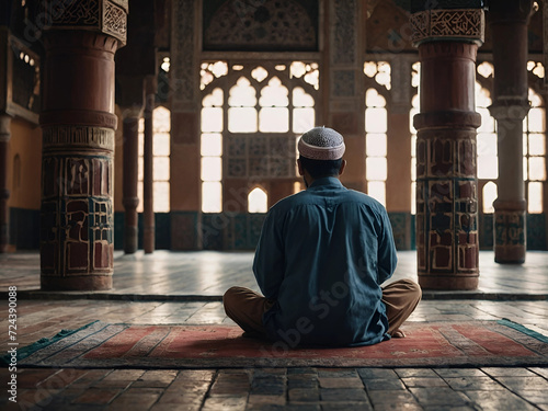 a backview of muslim man praying in a mosque. Generative AI