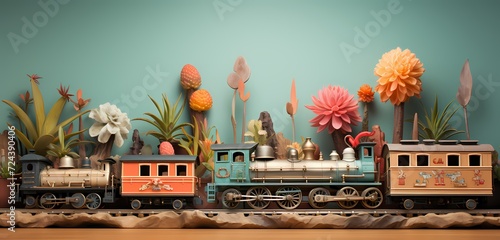 **A captivating arrangement of toy trains in different colors, creating a vibrant scene against a pastel coral backdrop