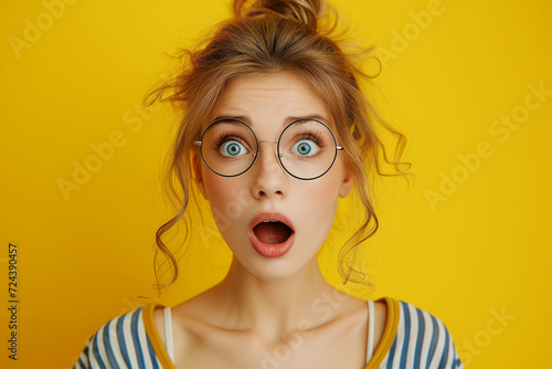 funny amazed nerd woman surprised open mouth face isolated on yellow background.