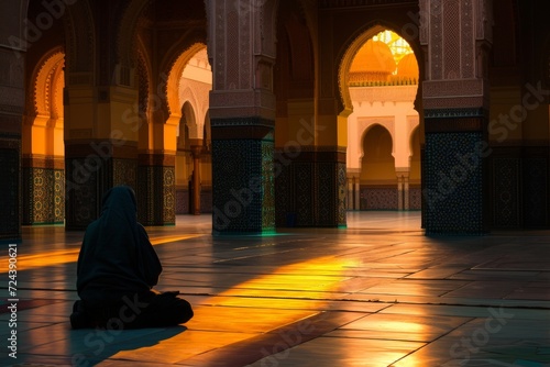 person in solitude sitting in mosque