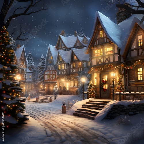 Winter landscape with houses and christmas tree. 3d illustration.