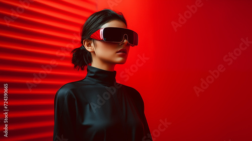 a girl in black shirt & neon goggles in a red background on a red wall © mister