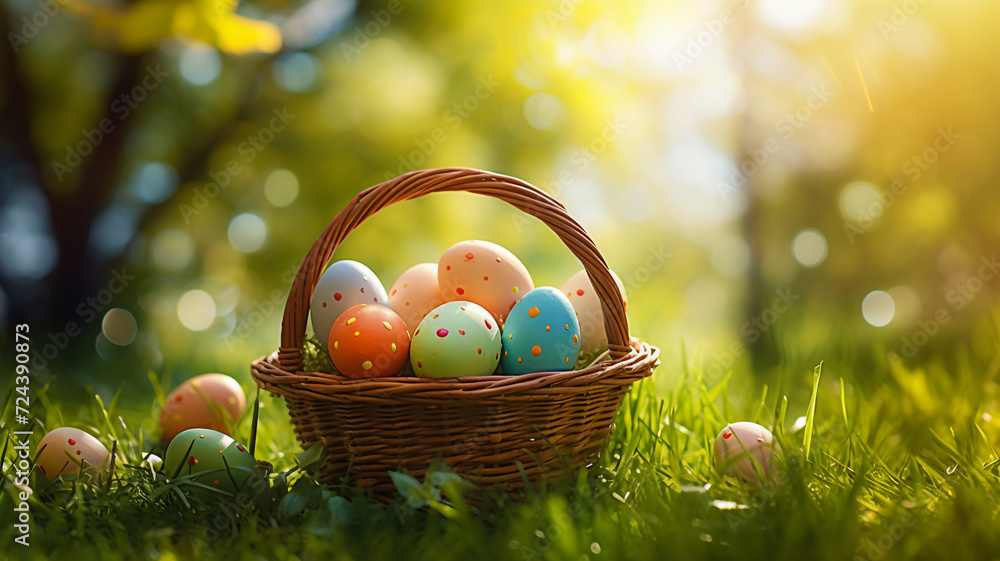 Easter egg basket in a sunny spring meadow Easter egg basket in a sunny spring meadow