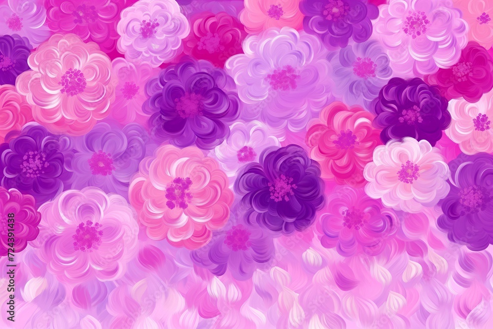 This image presents a vibrant and artistic abstract pattern of flowers rendered in varying shades of pinks, purples, and whites. The digital illustration provides a sense of depth and texture, making
