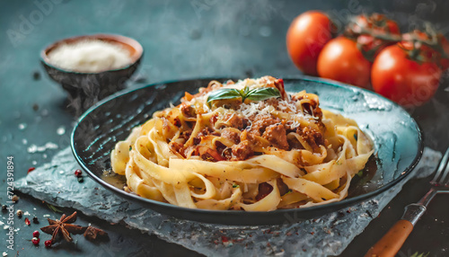 Pasta Bolognese with spices, Italian pasta dish with minced meat and tomatoes in a dark plate