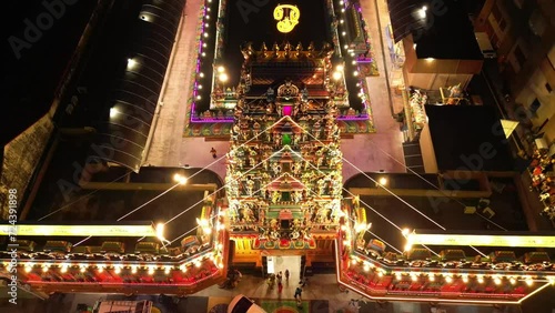 KL Mahamariamman Hindu Temple night light. Lovely aerial top view flight drone photo