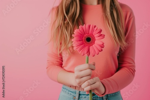 woman with pink gerbera flower