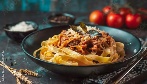 Pasta Bolognese with spices, Italian pasta dish with minced meat and tomatoes in a dark plate