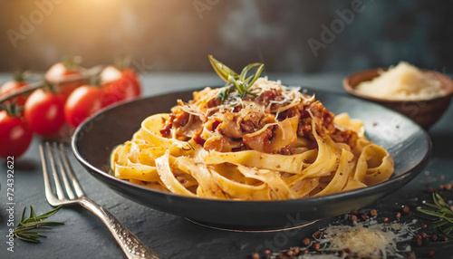 Pasta Bolognese with spices, Italian pasta dish with minced meat and tomatoes in a dark plate